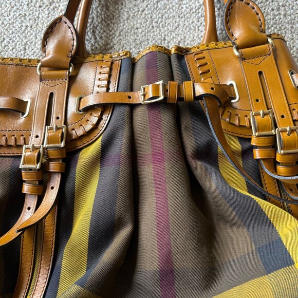 Burberry Prorsum House Check Canvas Tote Chrome Yellow Bridle Leather Large - Picture 4 of 16